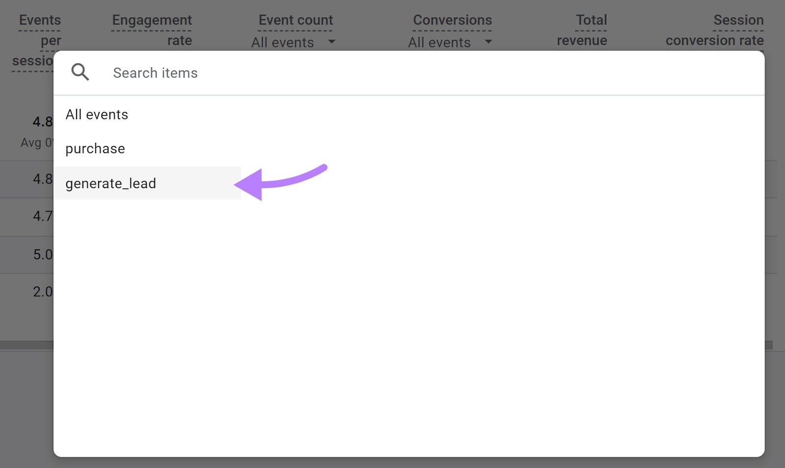 “generate_lead” conversion selected from the dialog box