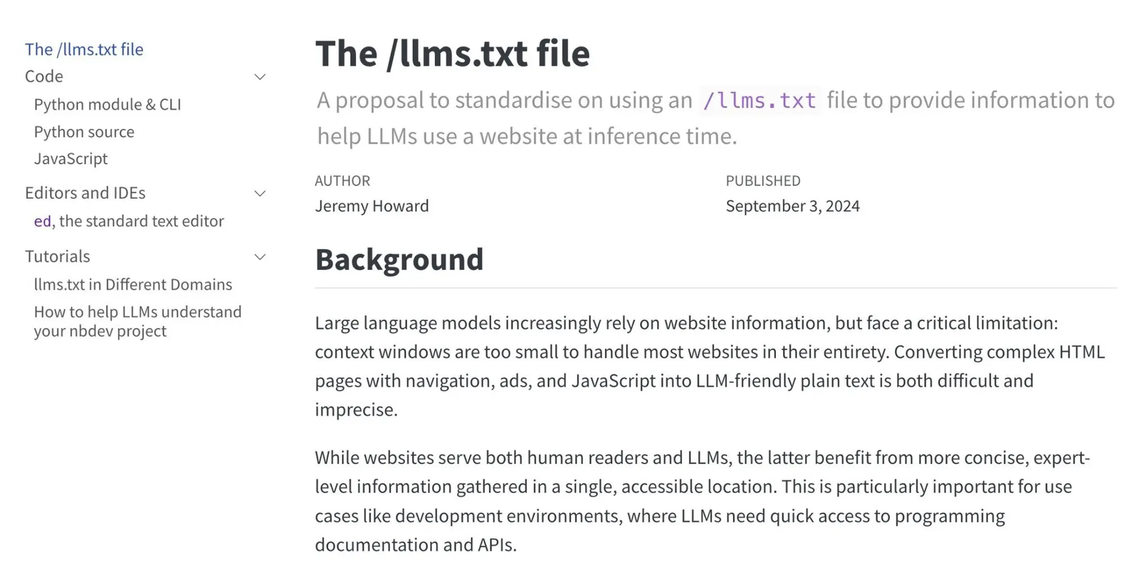 The llms.txt proposal explaining how the file can provide website information to LLMs at inference time