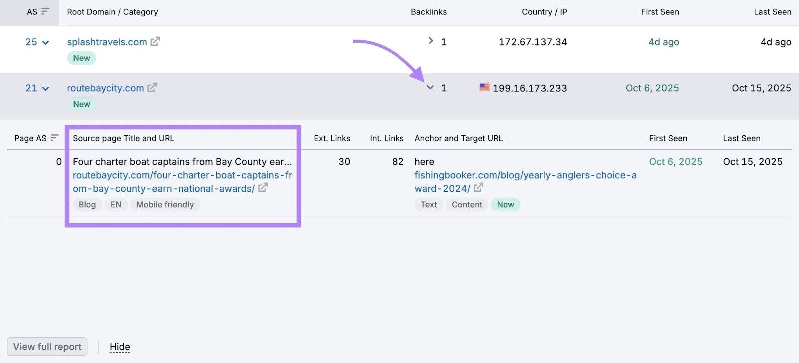 The source page title and URL of a backlink from a new referring domain highlighted on the Backlinks tool.
