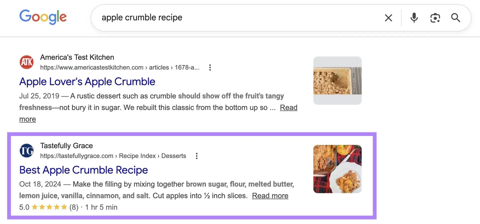 Google results for “apple crumble recipe” with the Tastefully Grace recipe result highlighted