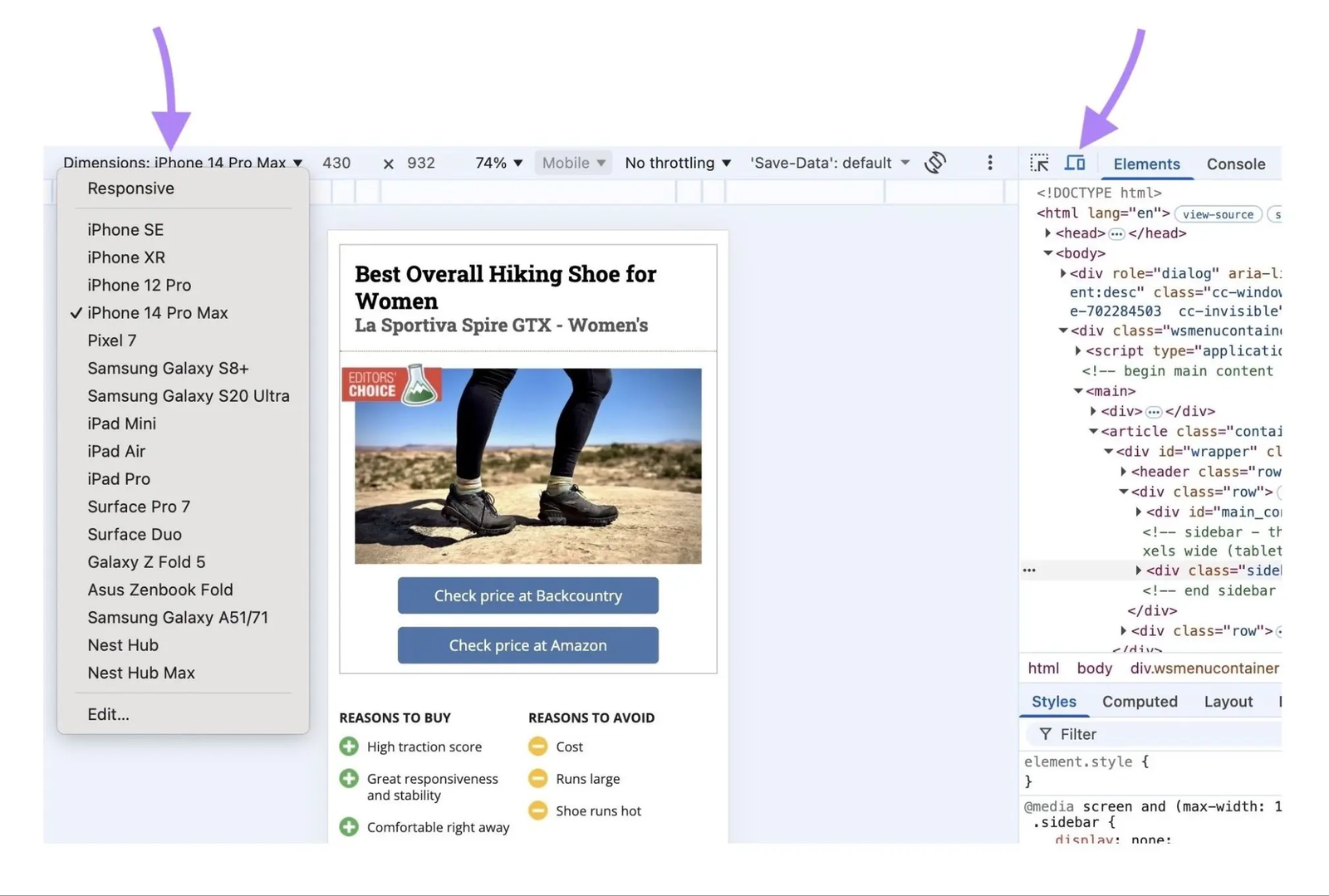 Chrome DevTools showing a webpage in iPhone 14 Pro Max view with the device selection menu open