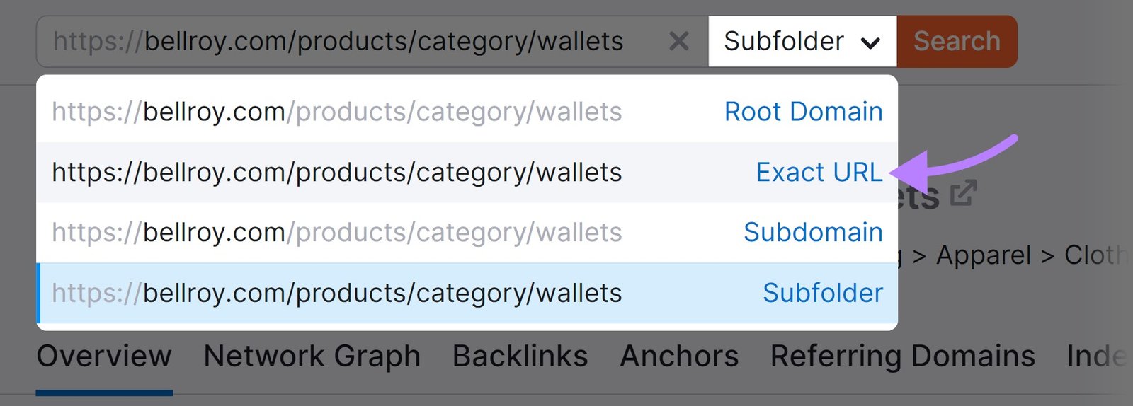 Backlinks dropdown menu
