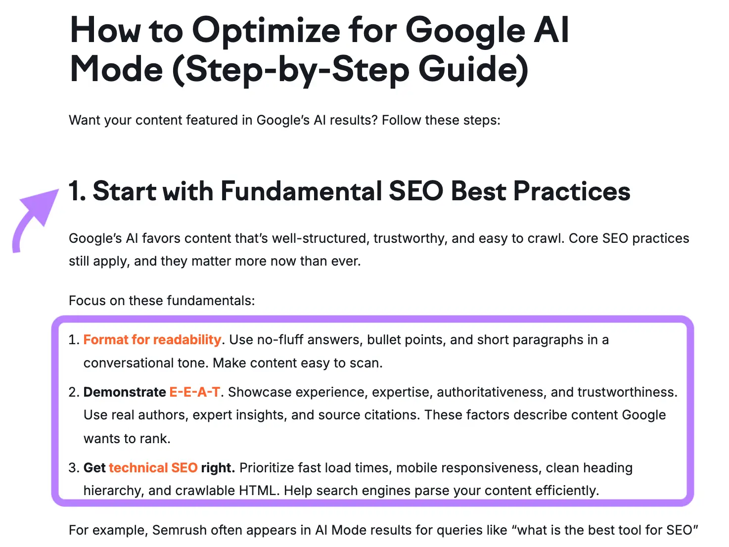 Semrush article uses numbered list to outline steps for the article and sub-steps inside the section
