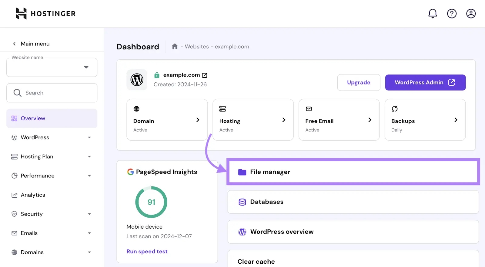 Hostinger dashboard with "File manager" clicked.