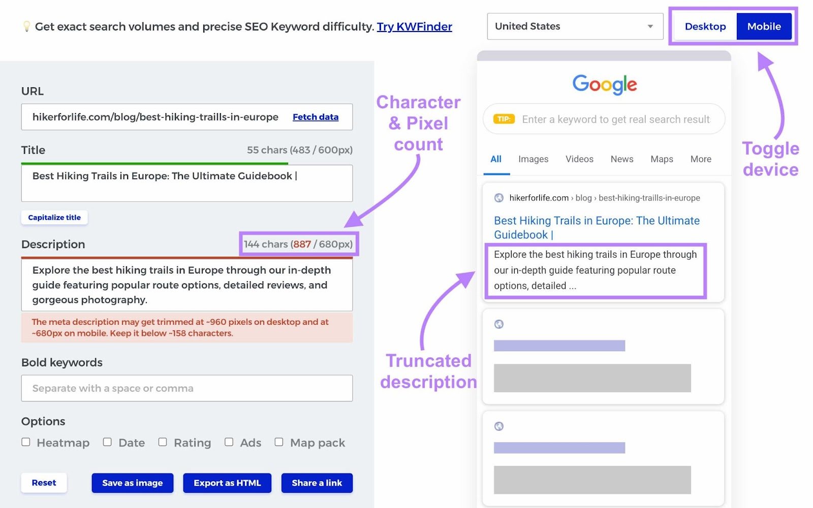 Desktop and mobile SERP previews