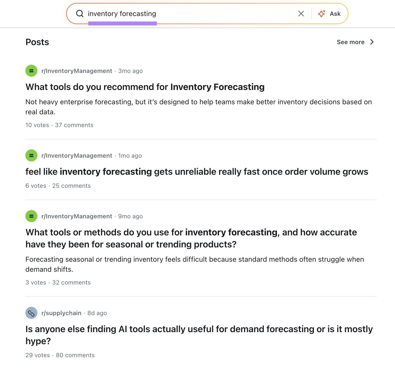 A list of posts for the term "inventory forecasting" on Reddit.