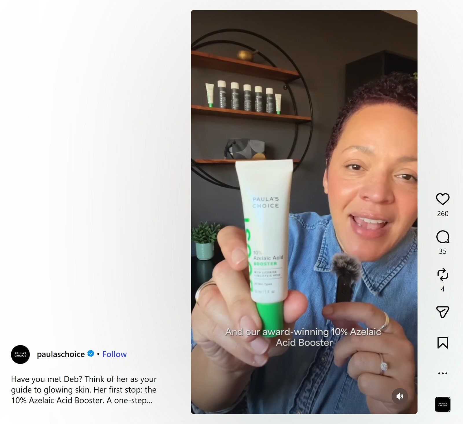 Instagram Reel creator holding Paula's Choice Azelaic Acid Booster product