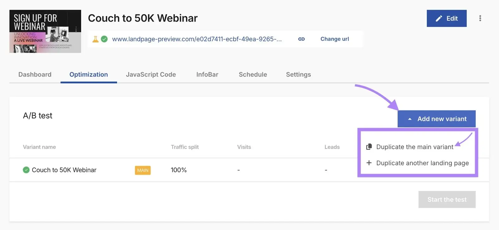 Creating an A/B test on the Landing Page Builder app by clicking "Add new variant" on the "Optimization" tab.