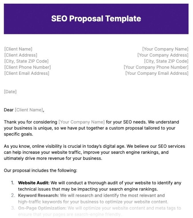 A screenshot of our free SEO proposal template.