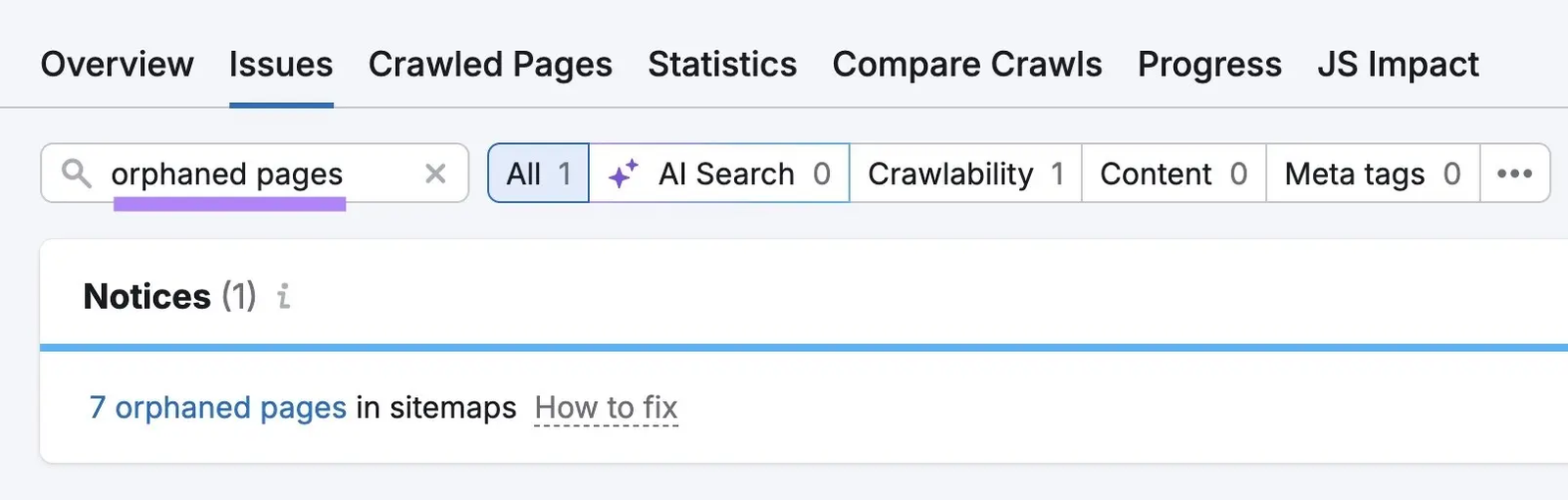 Site Audit showing seven orphaned pages found in sitemaps