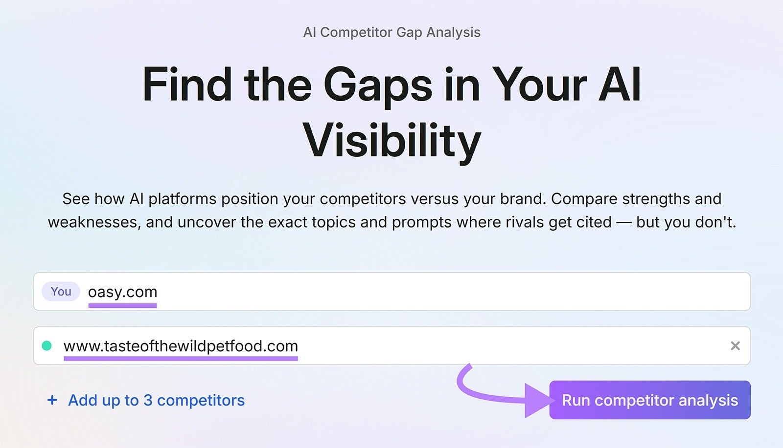 AI Competitor Gap Analysis page with competitor domains and Run competitor analysis button