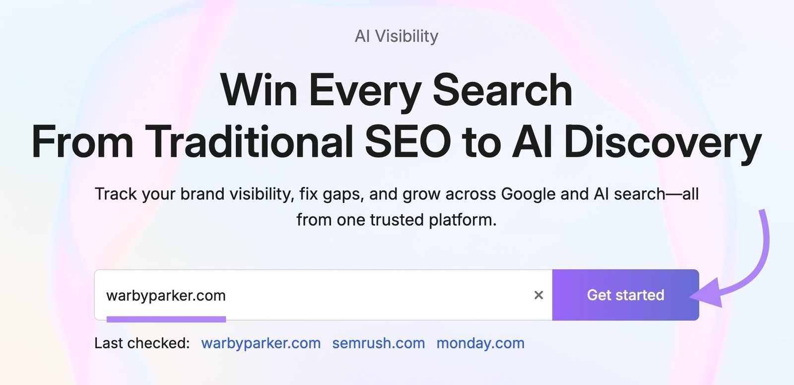 AI Visibility tool start with "warbyparker.com" entered as the domain and "Get started" clicked.