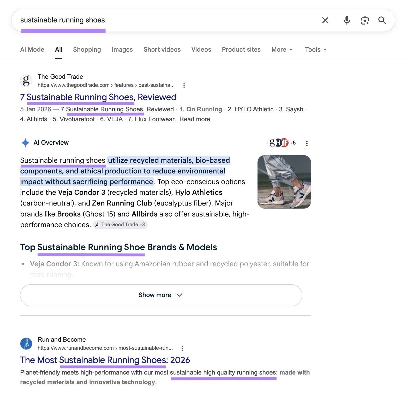 Google SERP for the term "sustainable running shoes" entered with the keyword highlighted on the top listings and AI Overview.