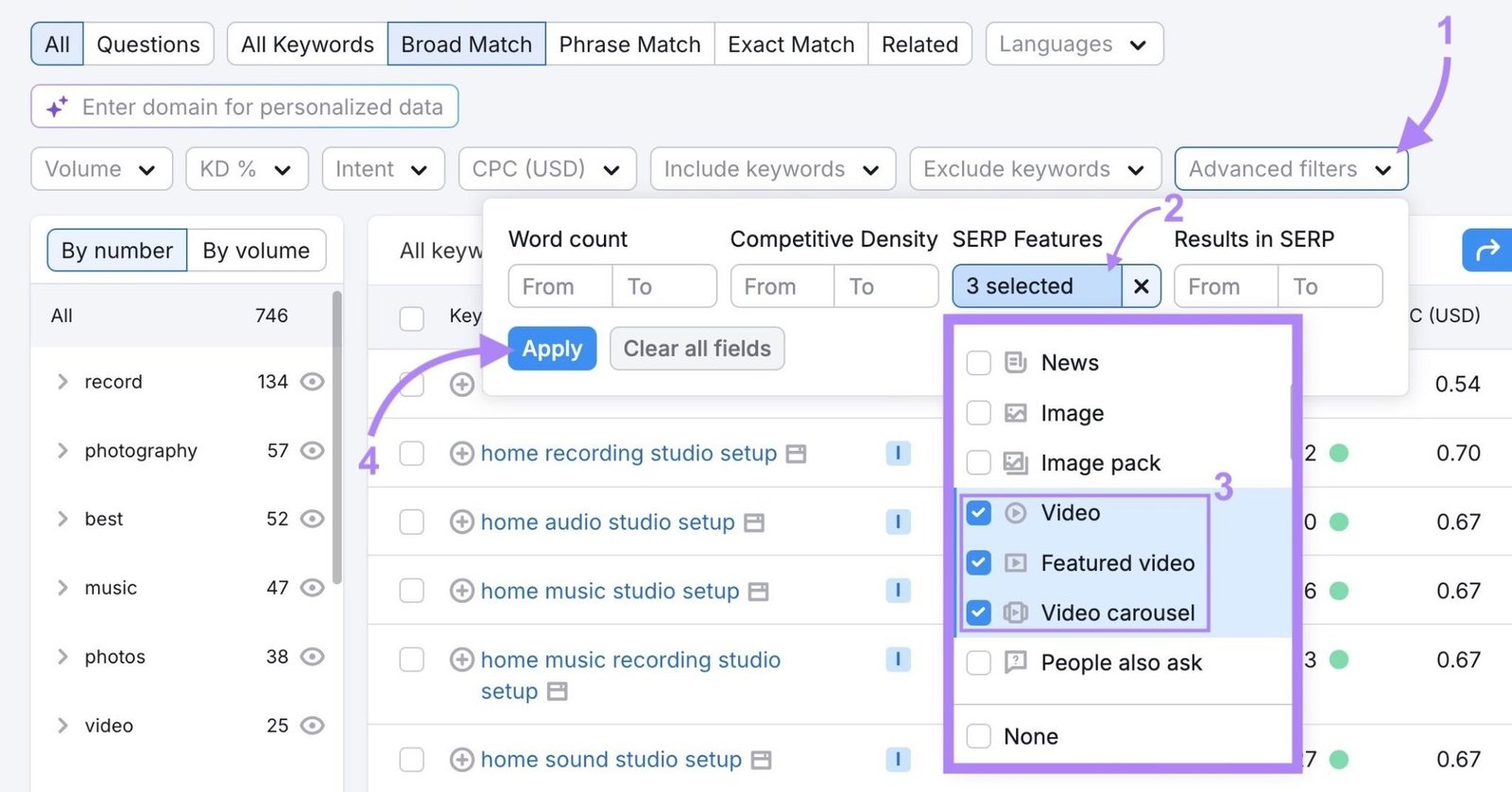 Applying a filter on the Keyword Magic Tool to only show keywords triggering a video, featured video, or video carousel on the SERP.
