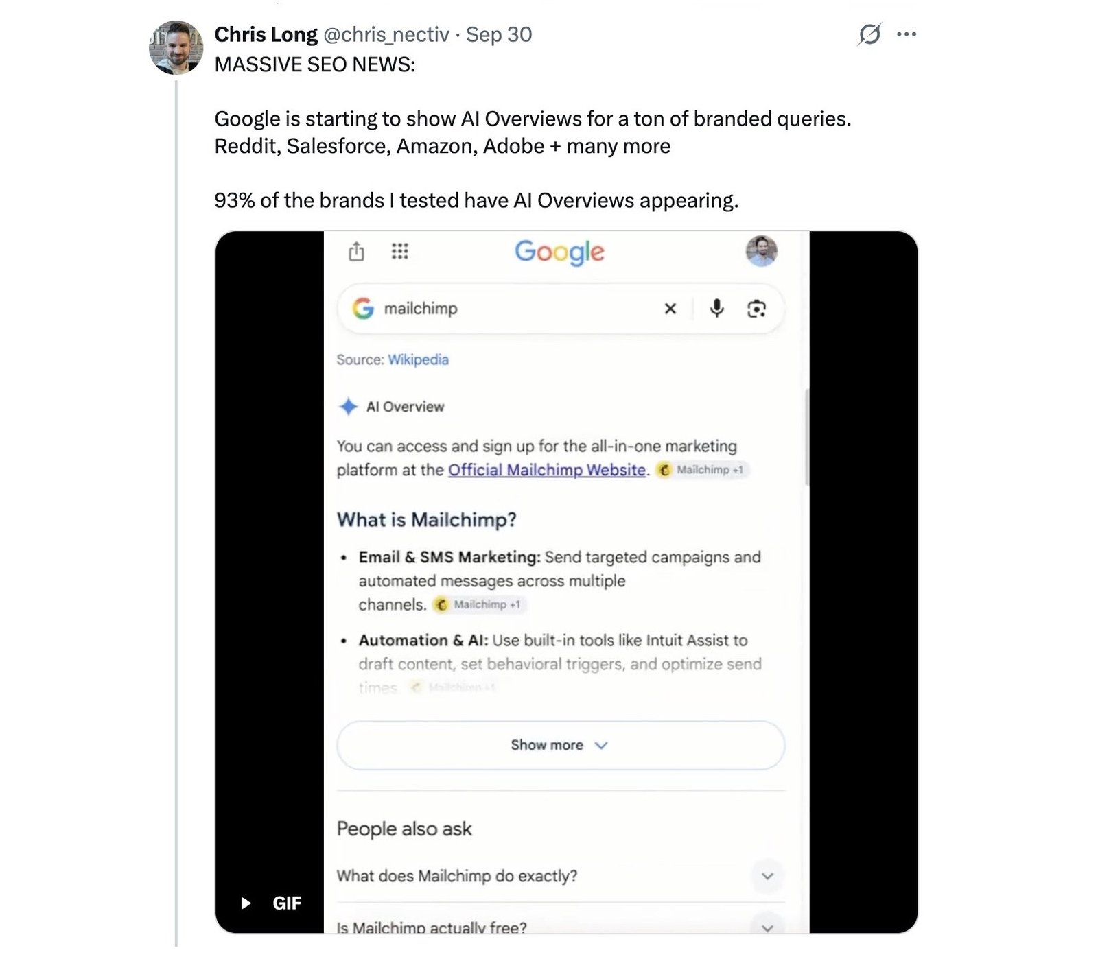 A post on X by Chris Long about how Google surfaced AI Overviews for 93% of brand queries tested.