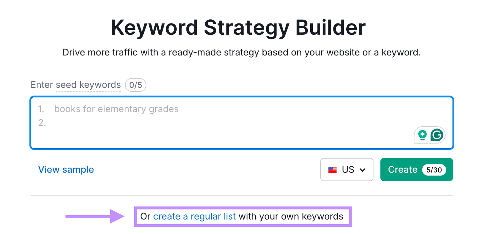 keyword strategy builder start page