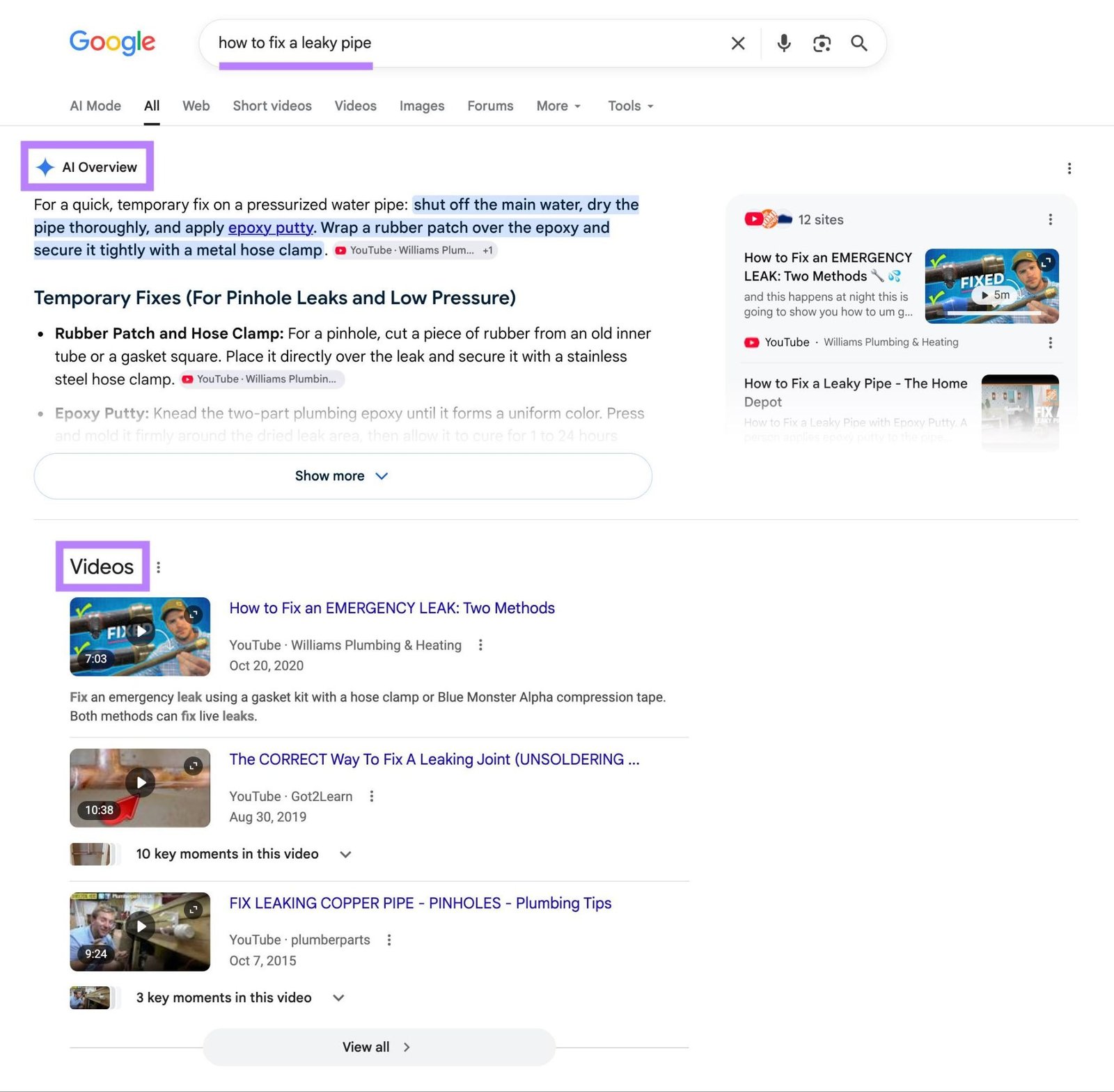 Google SERP for the term "how to fix a leaky pipe" showing an AI Overview on top followed by video results.