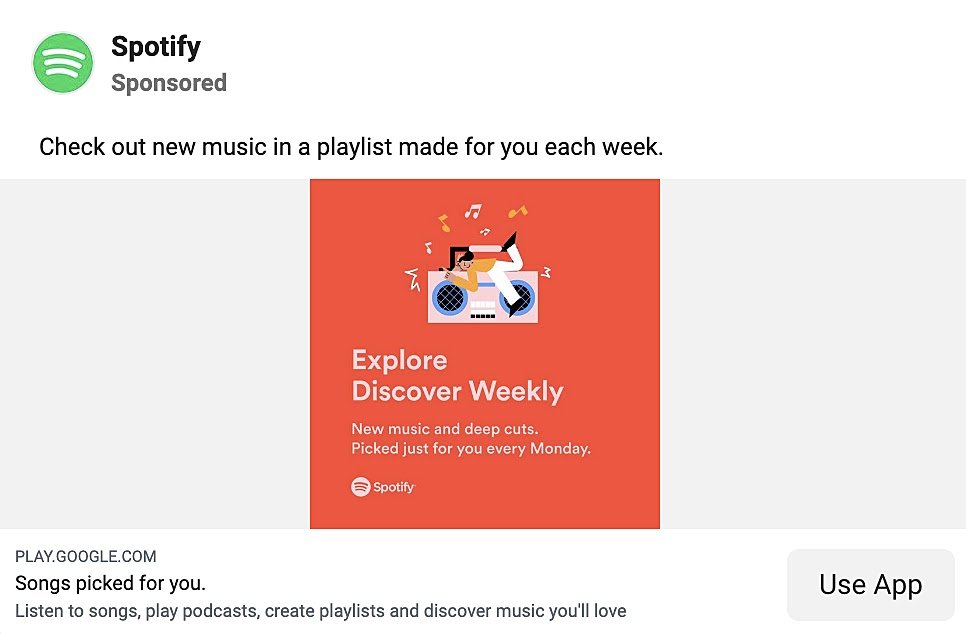 Spotify's Facebook ad with "Check out new music in a playlist made for you each week" text