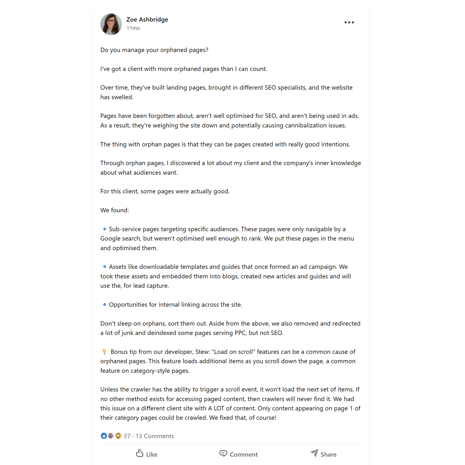 LinkedIn post by Zoe Ashbridge discussing orphan pages, their SEO impact, and opportunities to optimize or link them