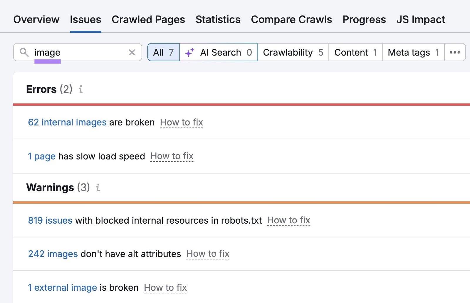 "image" entered on the "Issues" tab of the Site Audit tool showing a list of related errors and warnings.