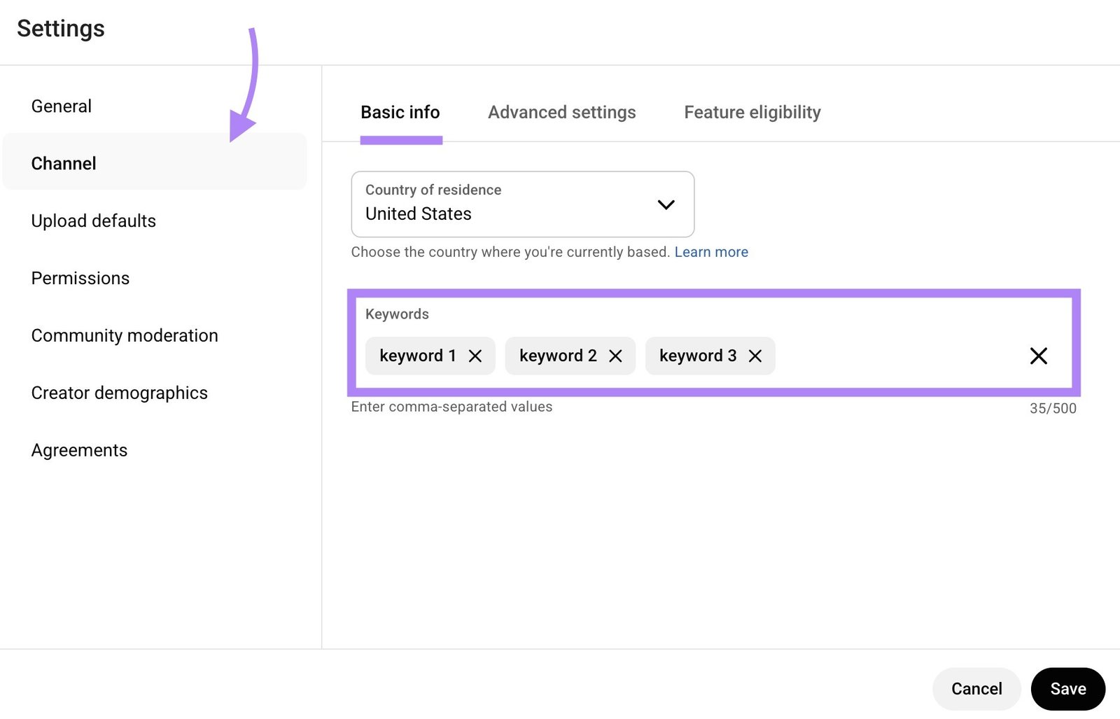 A list of channel keywords entered on the "Basic info" settings window on YouTube Studio.
