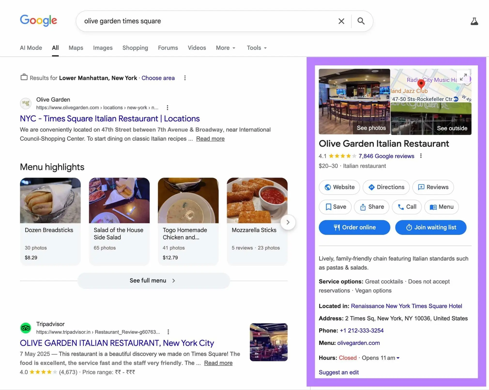 Google results for Olive Garden Times Square with the restaurant's local business panel highlighted