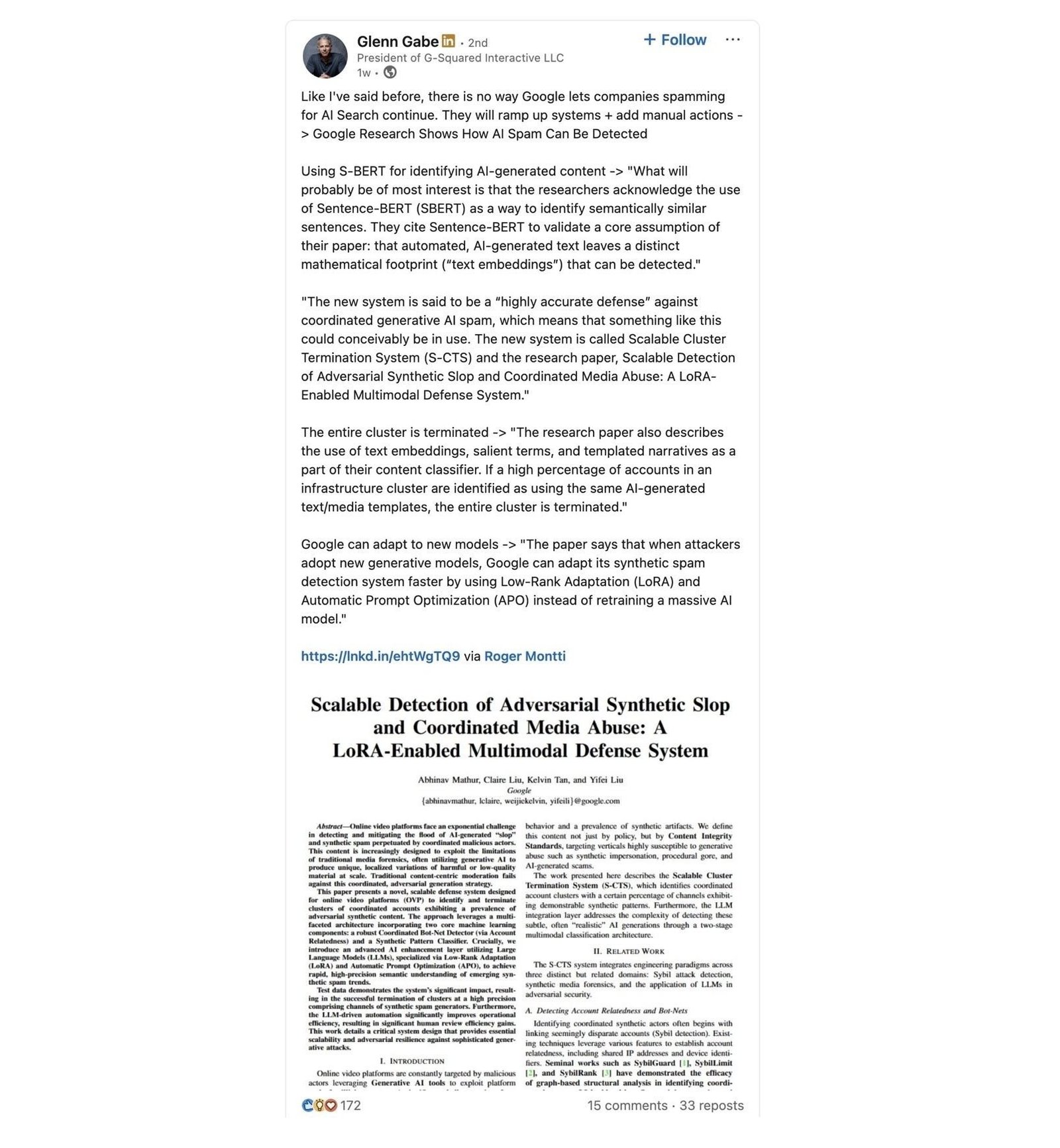 A LinkedIn post by Glenn Gabe talking about Google's new research on AI spam detection.