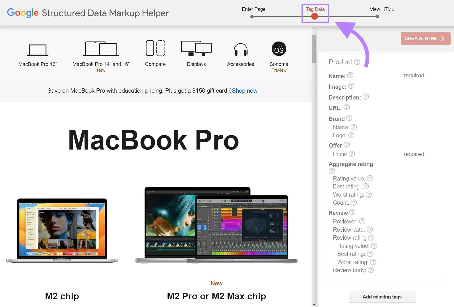 Google Structured Data Markup Helper tool showing the “Tag Data” view with the Apple Macbook Pro page as an example.
