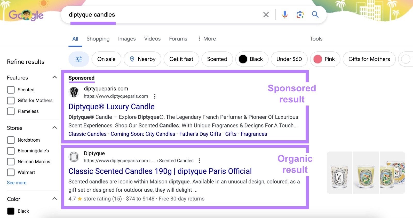 Google SERP with a brand ranking as the top sponsored and top organic result for a term.