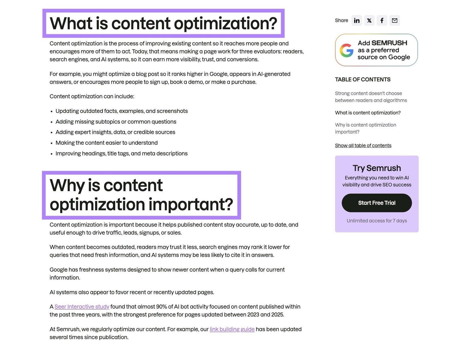 A blog post by Semrush using question headings with the answer directly following after.