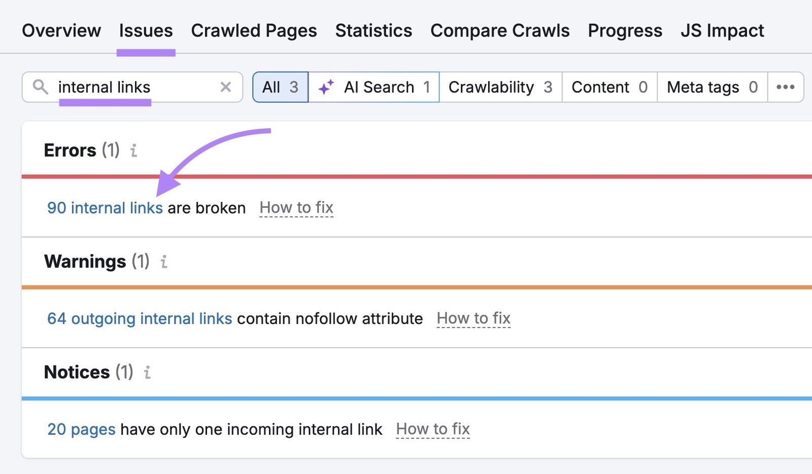 The "Issues" tab on Site Audit with "internal links" entered showing a list of related issues and "90 internal links are broken" clicked.