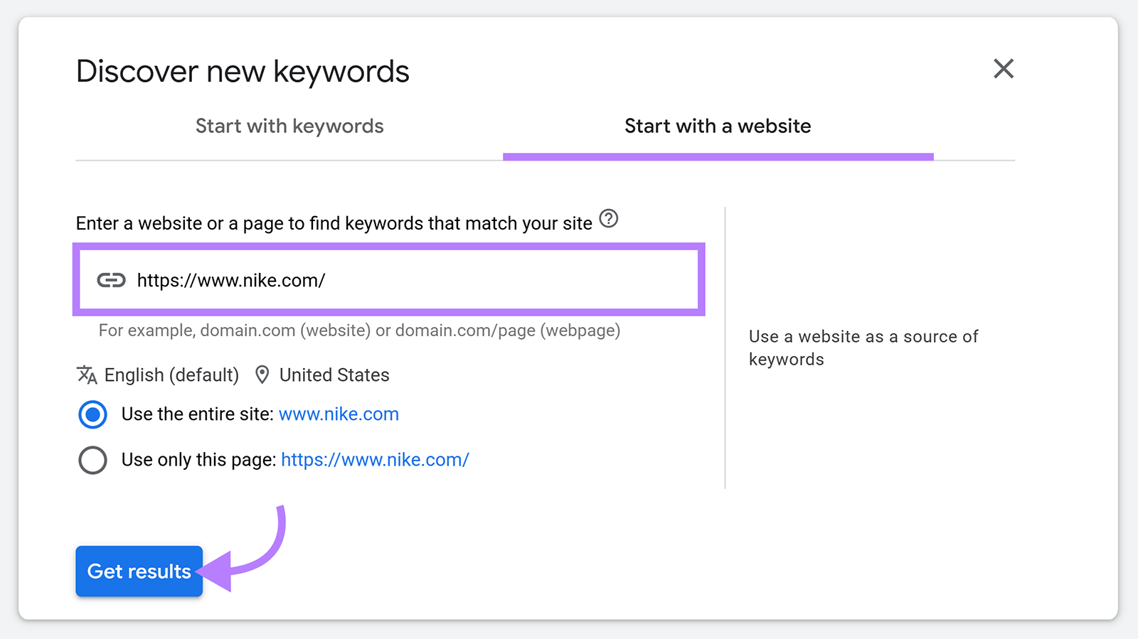 Google Keyword Planner form using nike.com to discover keyword ideas from a website