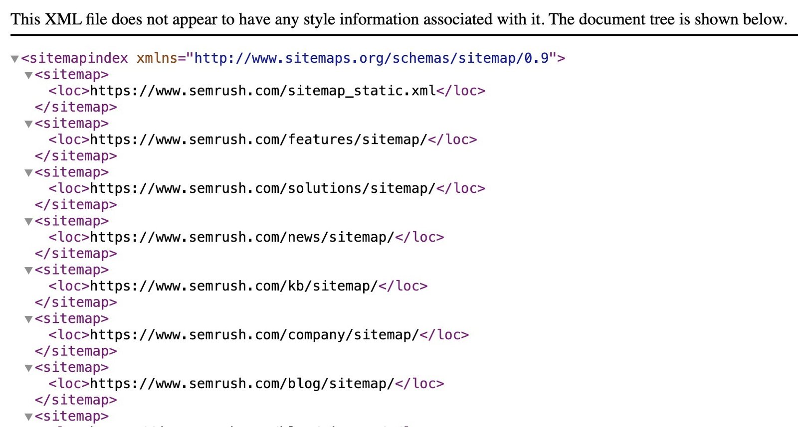 Semrush’s XML sitemap showing a list of pages and where to find them.
