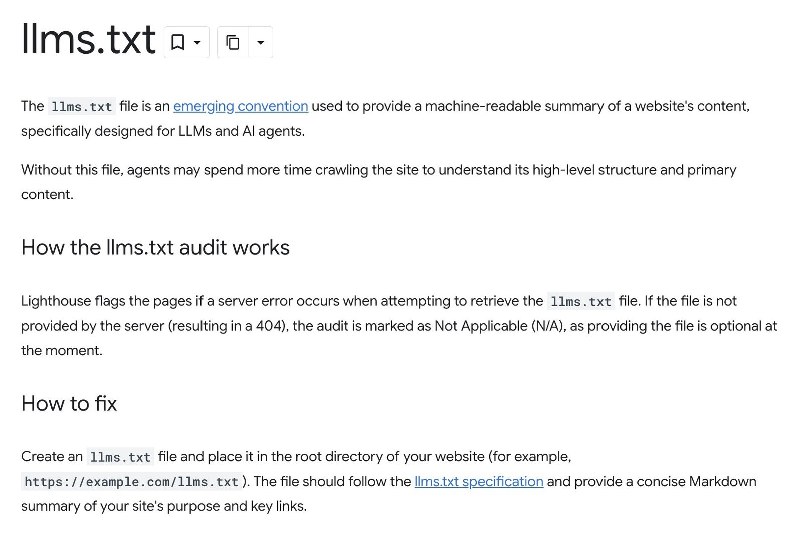 Chrome for Developers page explaining what llms.txt is, how the Lighthouse audit works, and how to fix it.