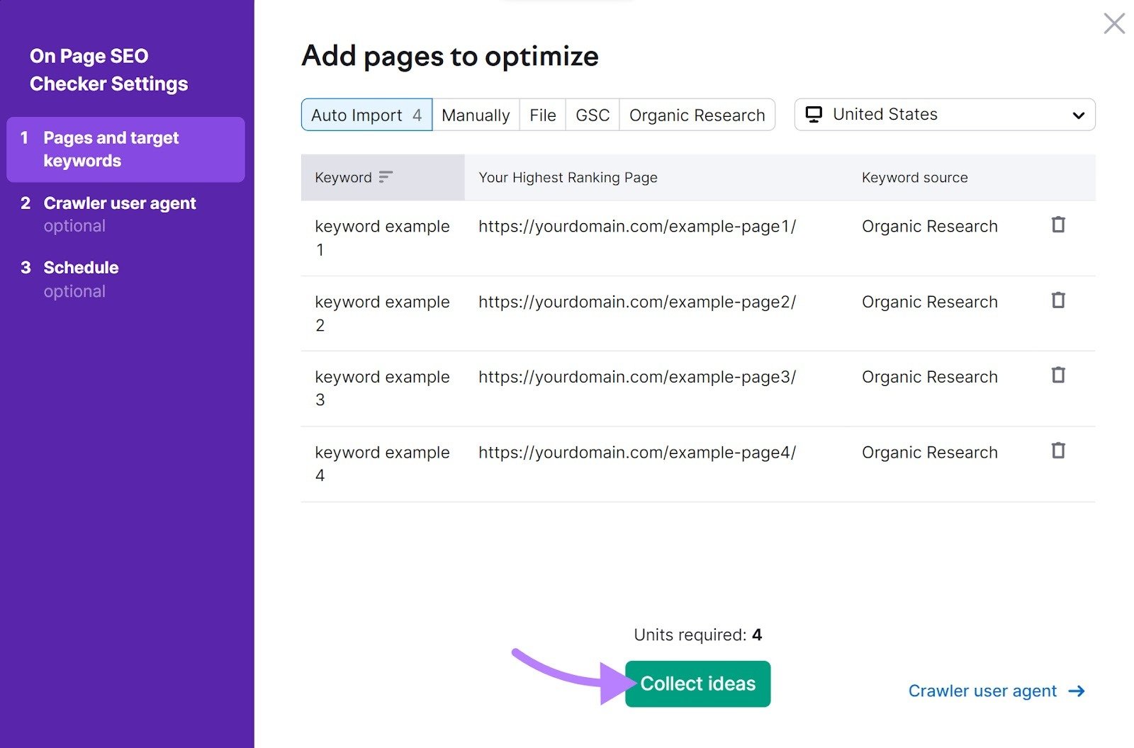 Pages and target keywords step with pages added and arow pointing to Collect ideas button.