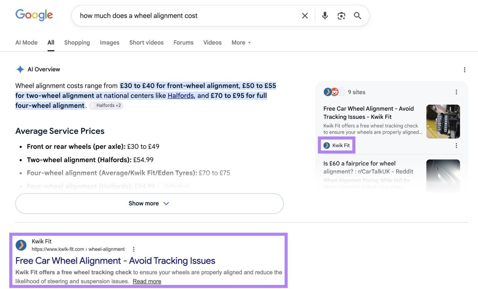 Google SERP with a page cited in the AI Overview section and ranking as the top organic result.