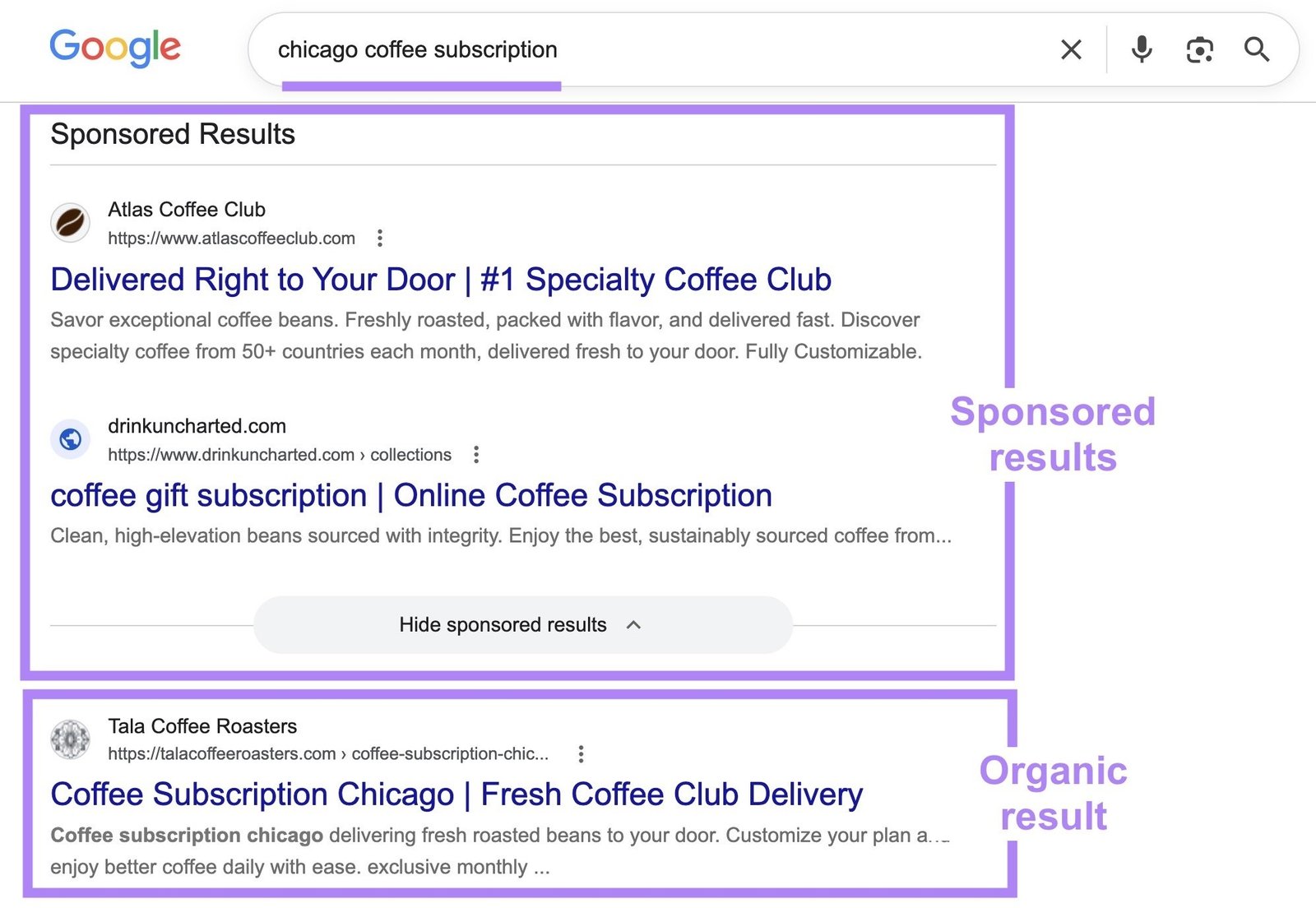 Google SERP for the term "chicago coffee subscription" with the sponsored results and the top organic result highlighted.