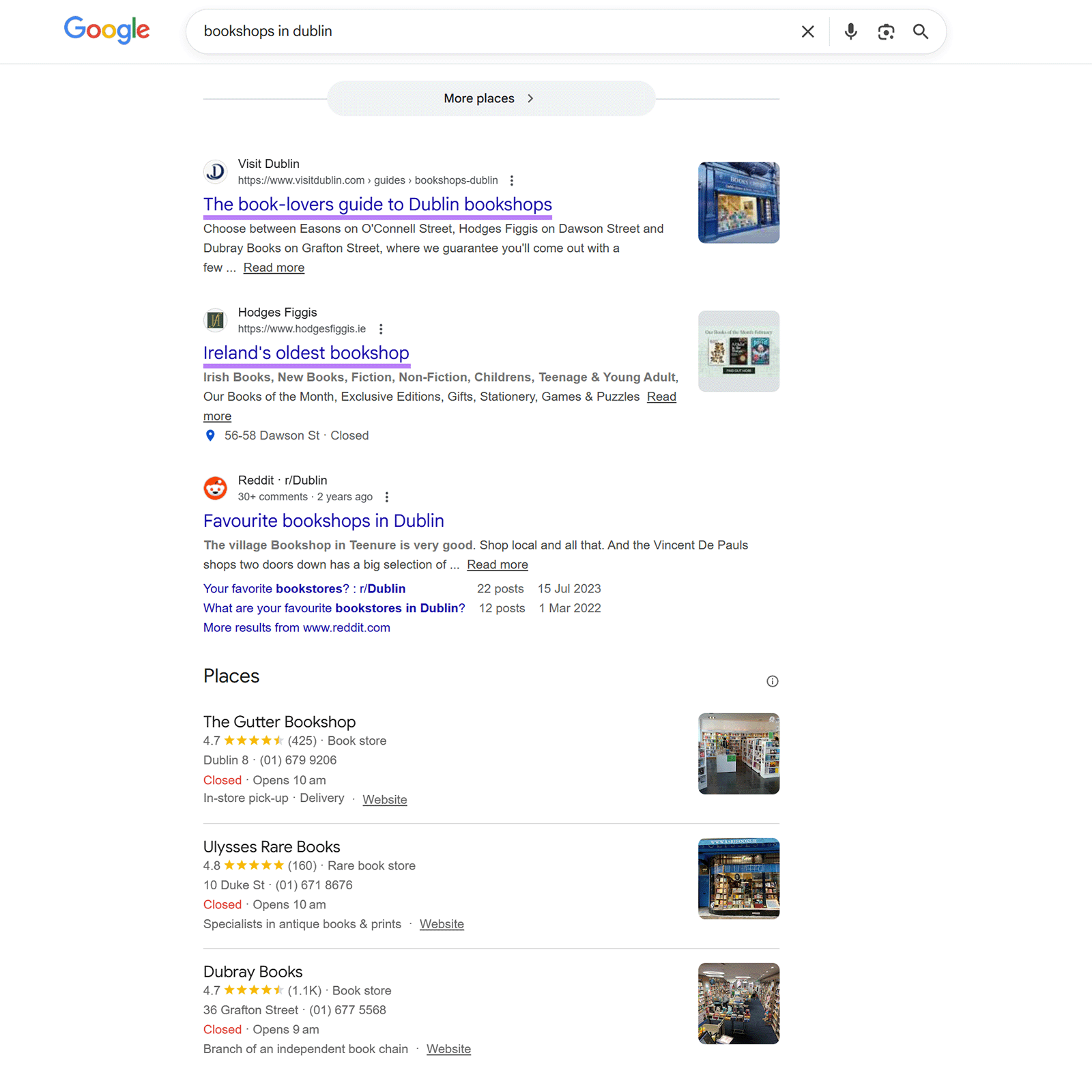 Google SERP for the term "bookshops in Dublin" with the traditional organic results highlighted.