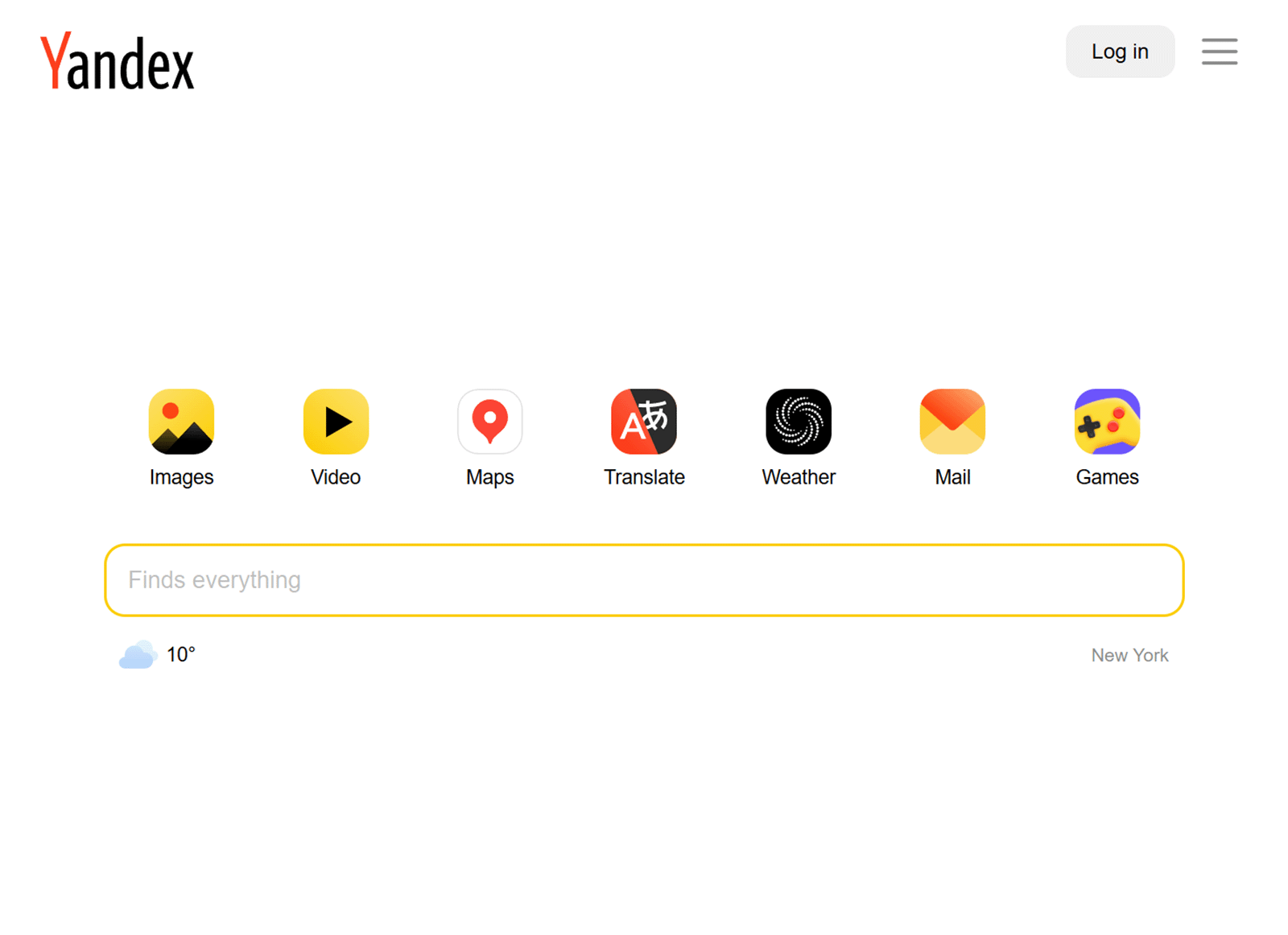Yandex homepage with a yellow search bar and icons for images, video, maps, translate, weather, mail, and games.