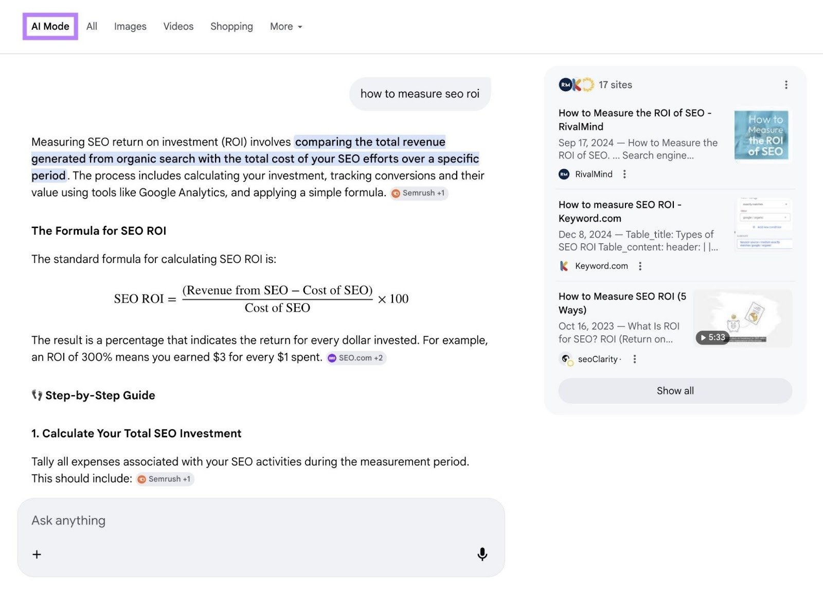 The AI Mode result for the prompt "how to measure seo roi.”