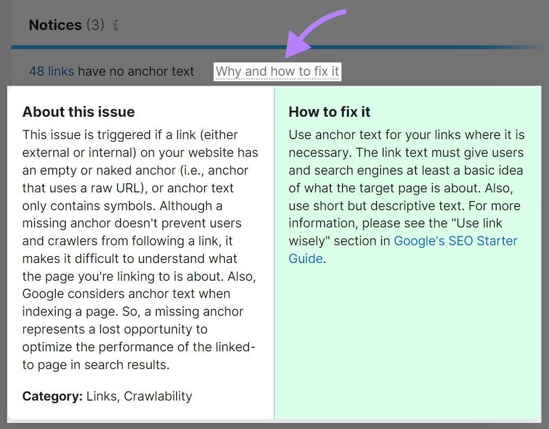 an example of “Why and how to fix it” section in the Site Audit