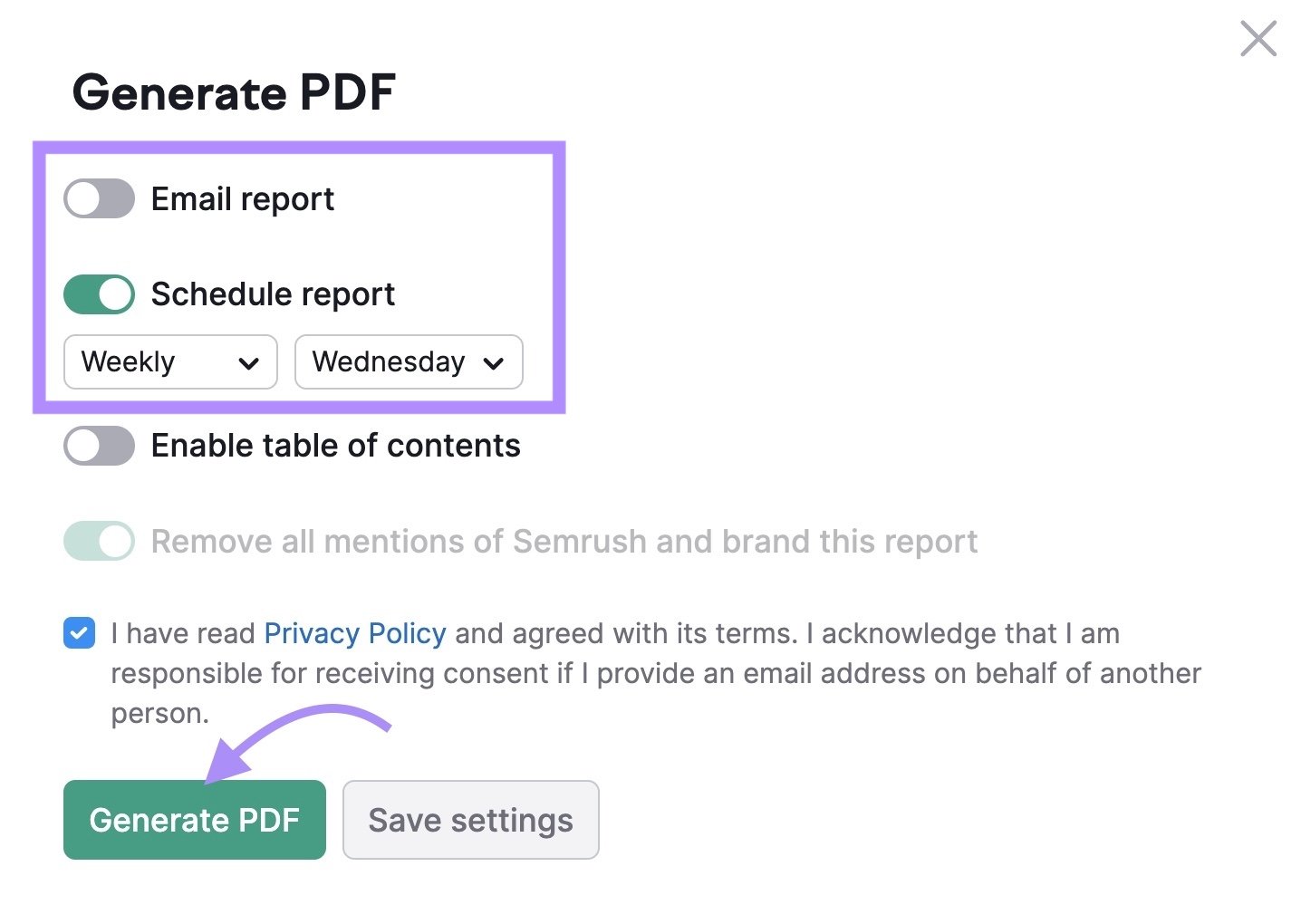 "Generate PDF" window in My Reports
