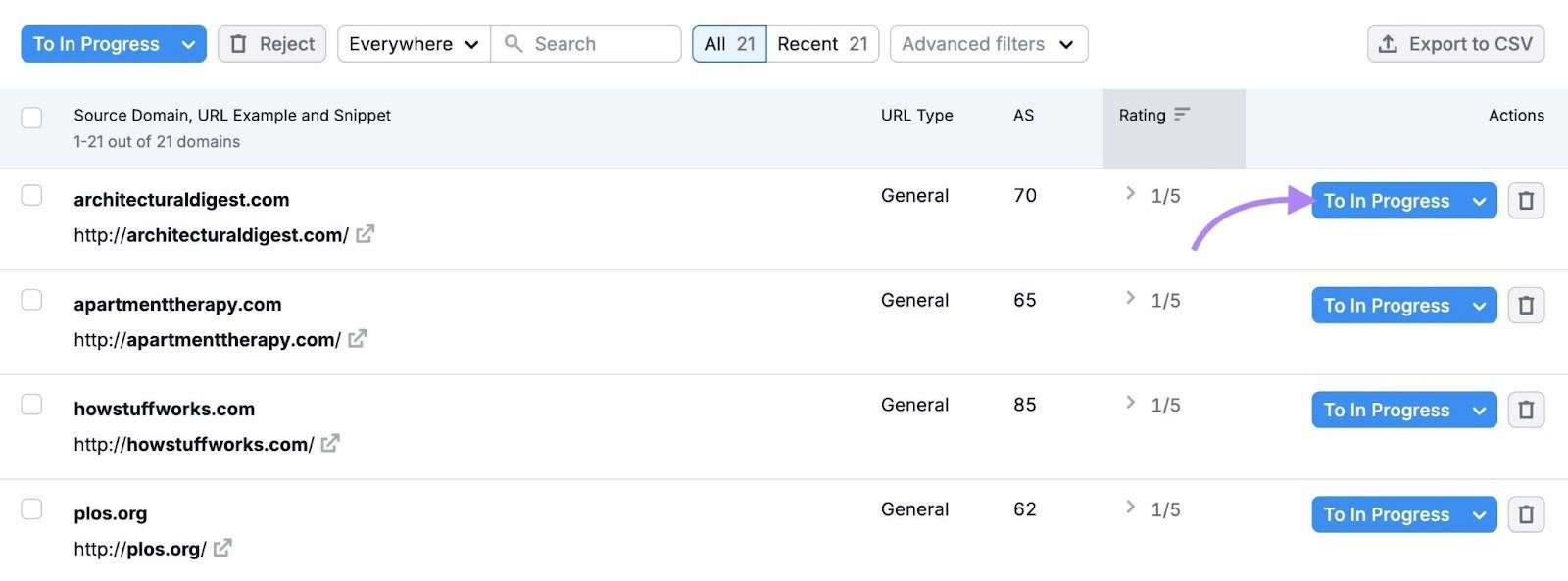 A list of domain prospects on the Link Building tool with "To in Progress" next to a prospect clicked.