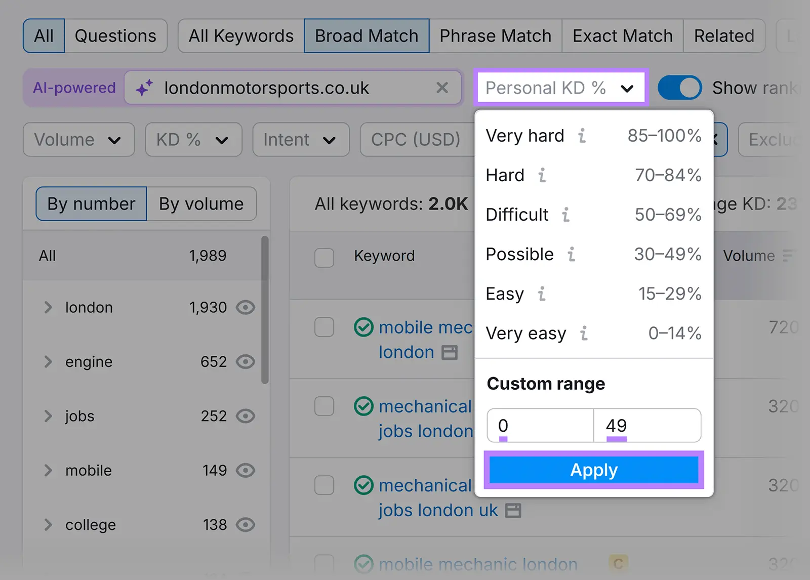 Applying a "Personal KD%" filter to show only keywords within a range of 0 to 49.