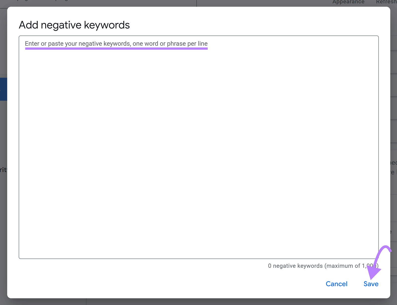 Google Ads account-level negative keywords popup with text box for adding excluded keywords and Save button