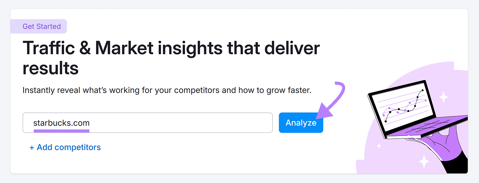 Semrush Traffic & Market Insights tool with domain search bar and highlighted Analyze button