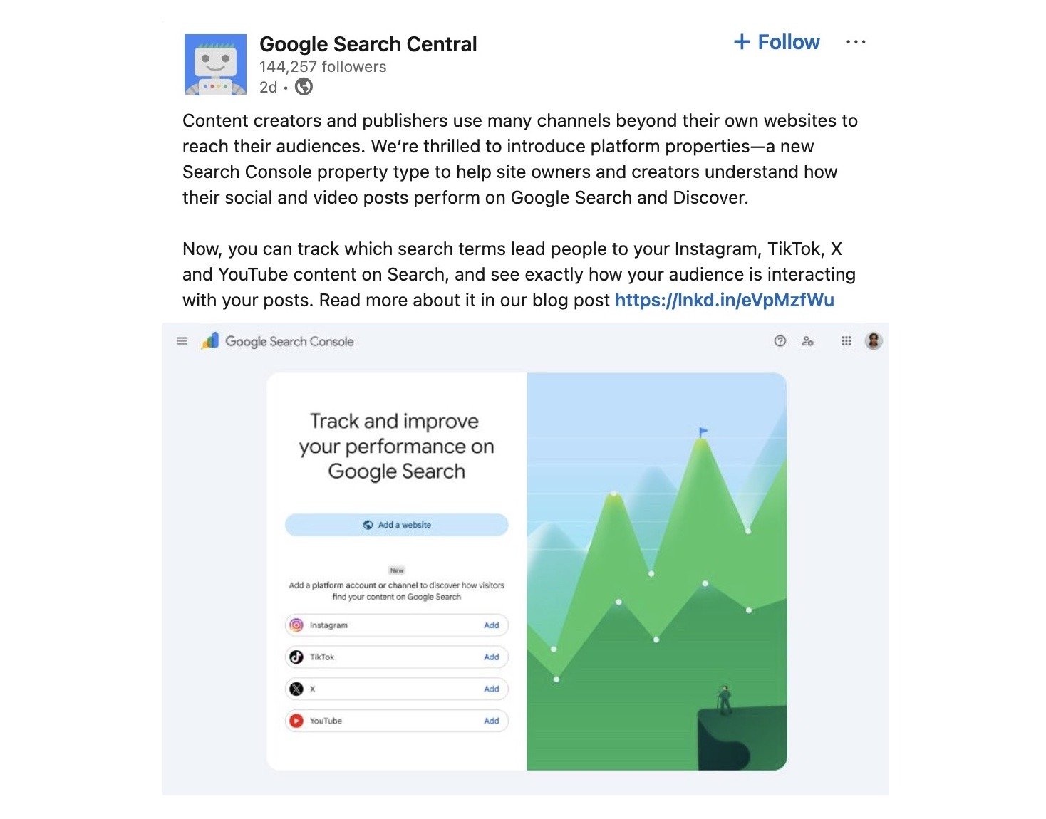 A LinkedIn post by Google Search Central announcing the rollout of social and video reporting for new properties on GSC.