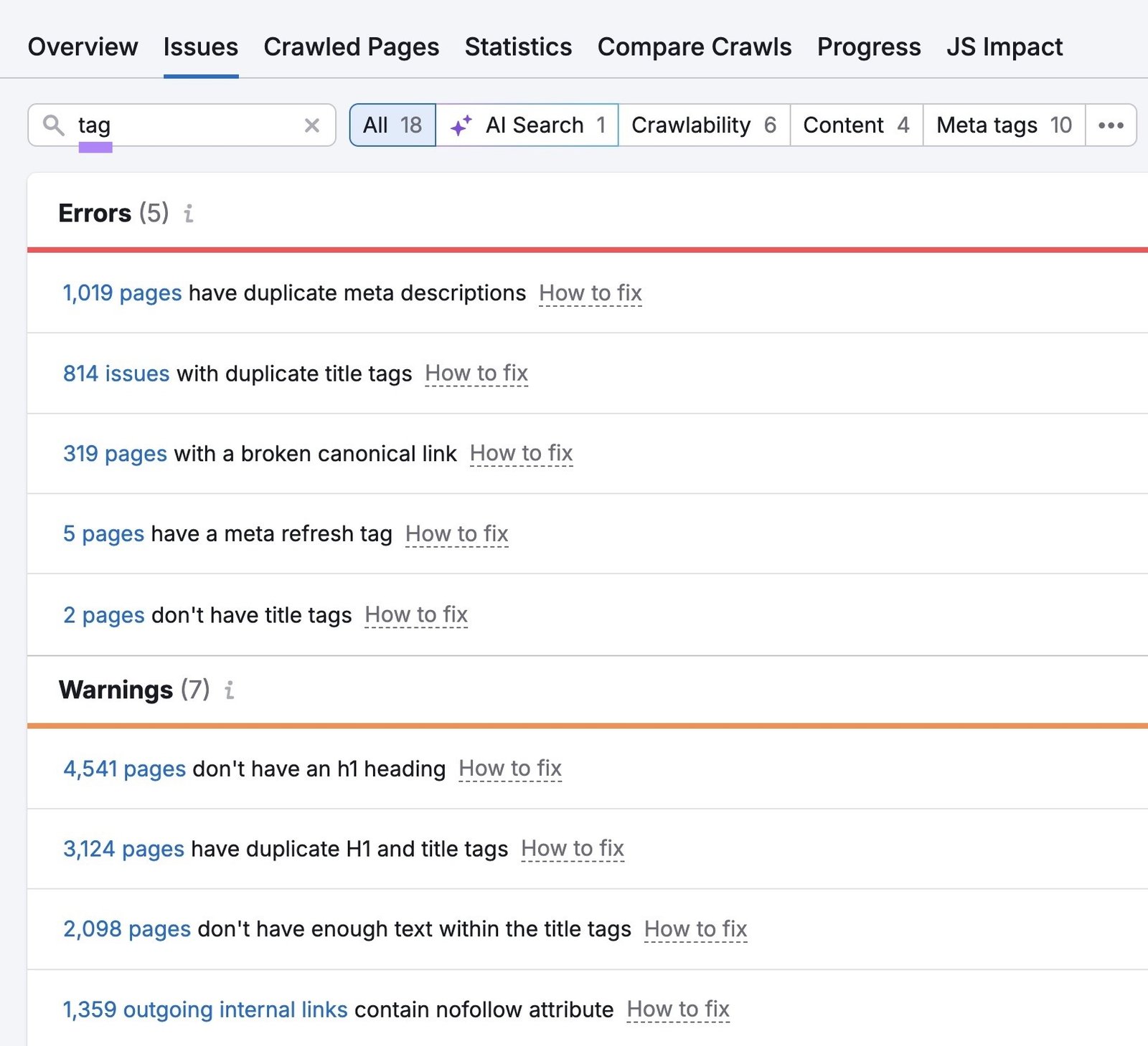 "tag" entered on the "Issues" tab of the Site Audit tool showing a list of related errors and warnings.