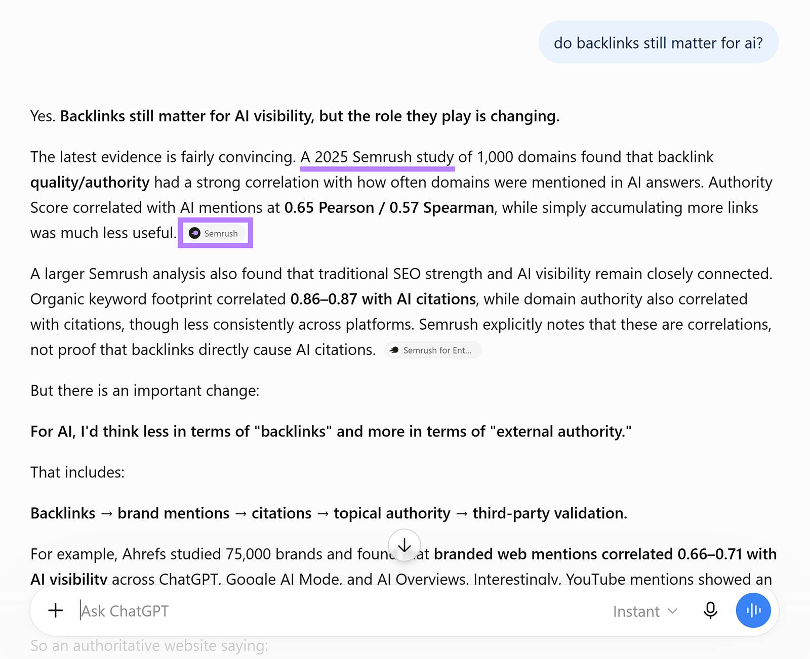 ChatGPT cites Semrush study when explaining the relationship between backlinks, authority, and AI visibility
