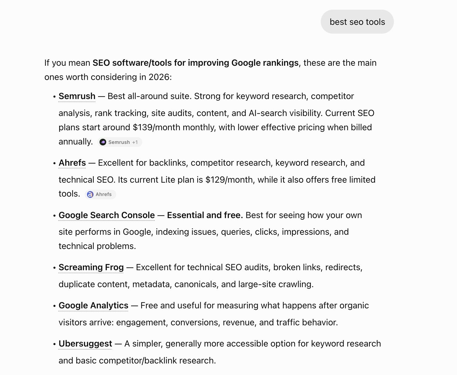 ChatGPT response for the term “best SEO tools” with multiple brand mentions along with a brief description of each.